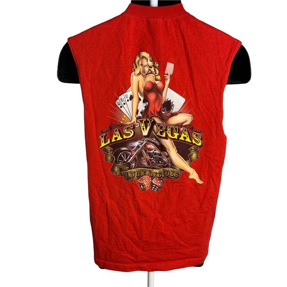 Las Vegas Pin Up Motorcycle Muscle Shirt S Red Crewneck Sleeveless Graphic - Picture 2 of 4